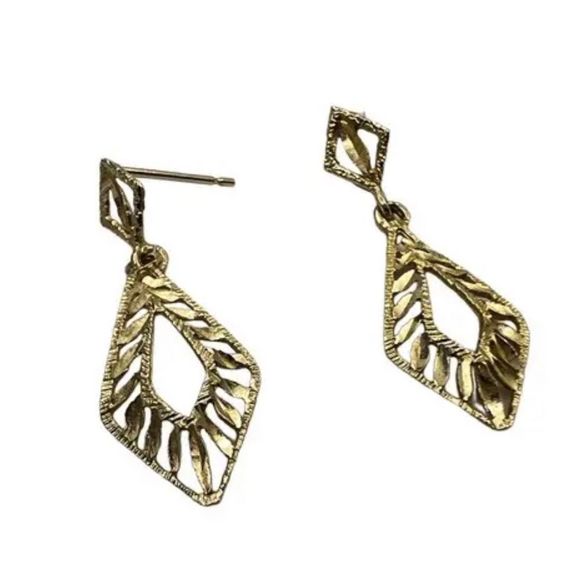 14k Yellow Gold Filigree Retro Dangle Geometric Pop Art  1.3g Drop Dangle Earrin - Picture 4 of 16